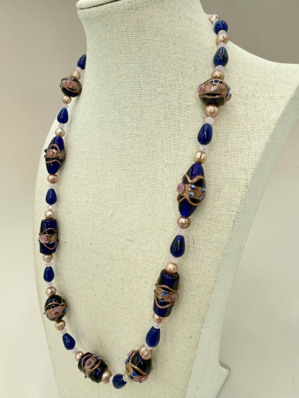 Venetian Wedding Cake Bead Necklace Blue Jade Genuine Pearl Pink Crystal 20” - Picture 7 of 17